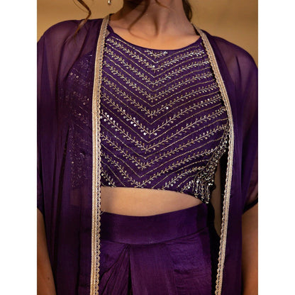 Harleen Kaur Purple Embroidered Crop Top with Skirt and Cape