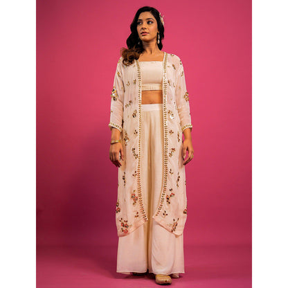 Harleen Kaur Off White Embroidered Crop Top with Palazzo and Jacket