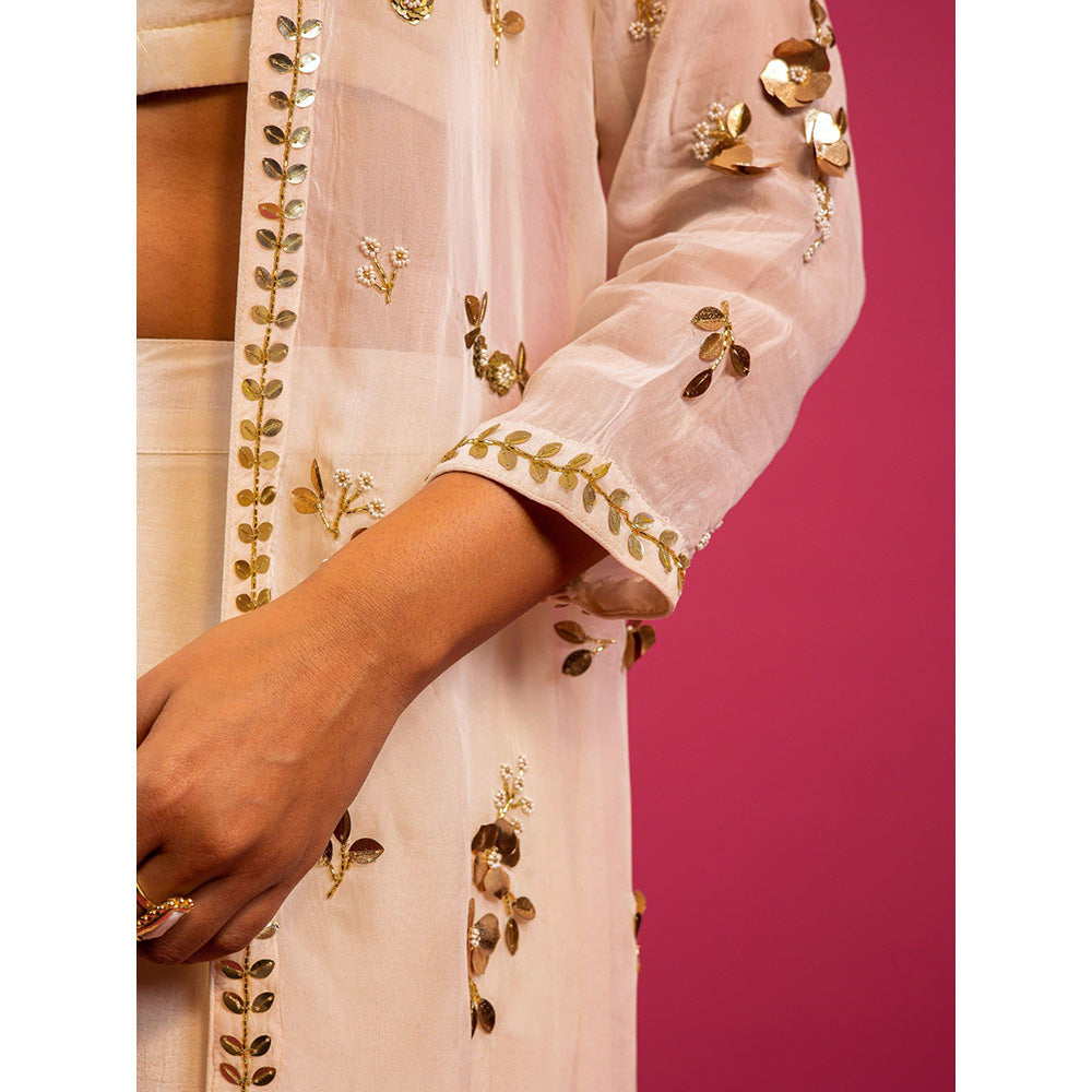 Harleen Kaur Off White Embroidered Crop Top with Palazzo and Jacket