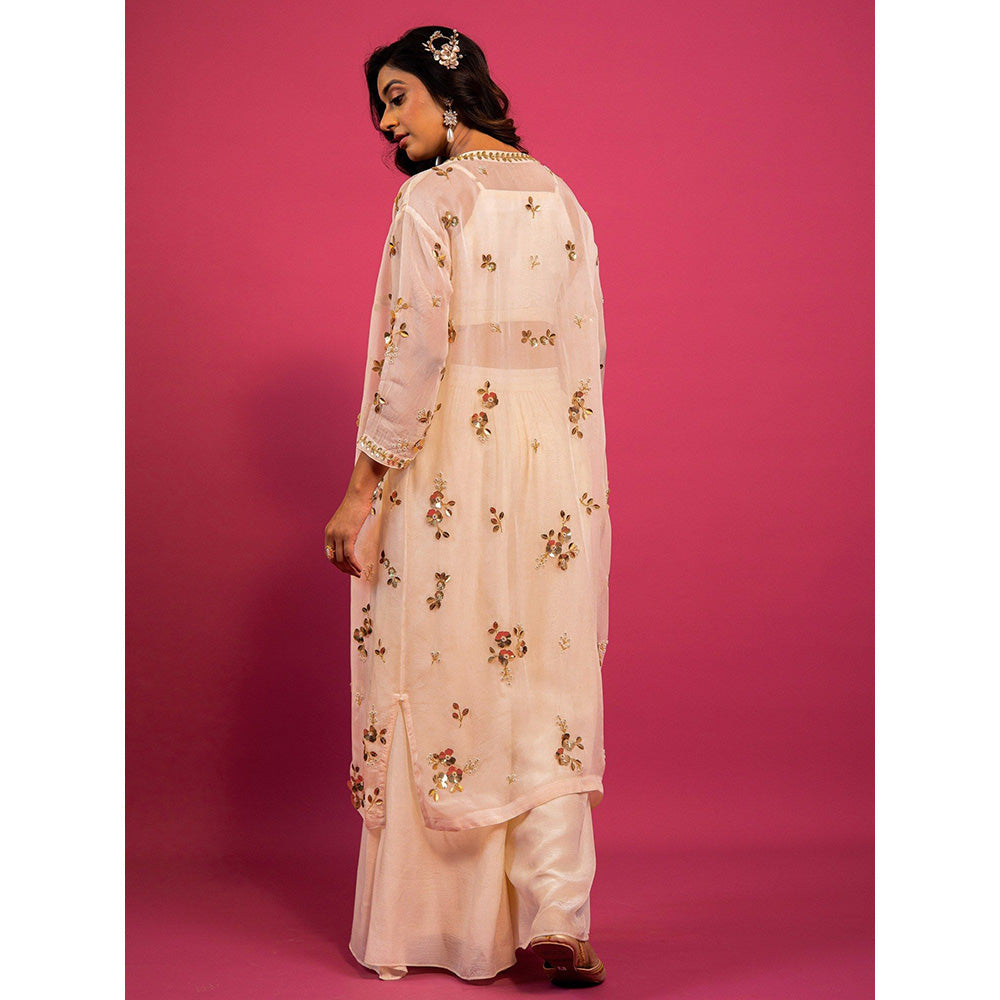 Harleen Kaur Off White Embroidered Crop Top with Palazzo and Jacket