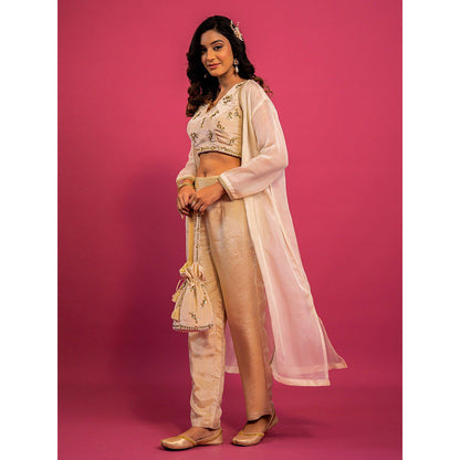 Harleen Kaur Off White Embroidered Crop Top with Pant and Jacket