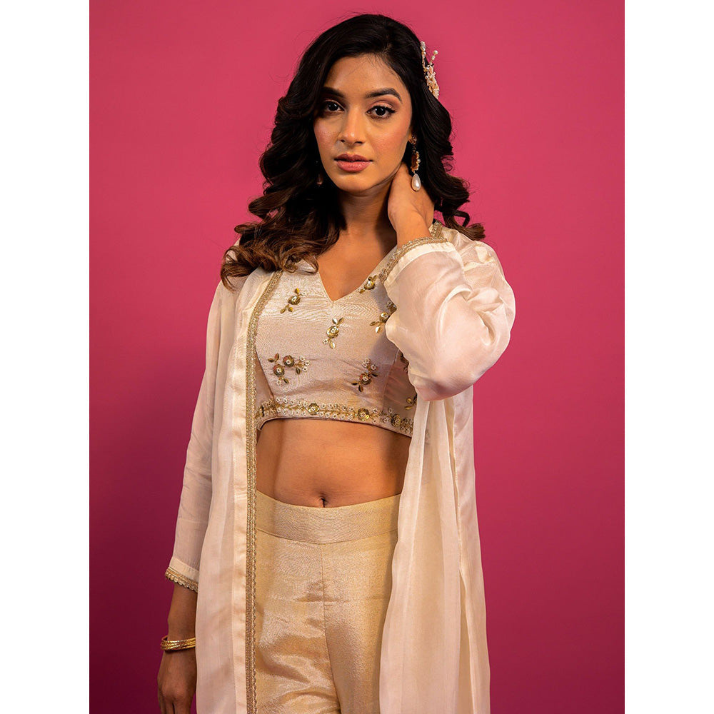 Harleen Kaur Off White Embroidered Crop Top with Pant and Jacket