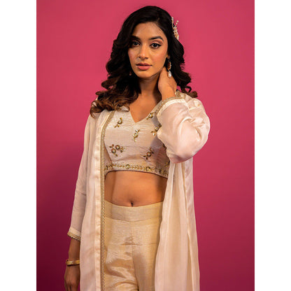 Harleen Kaur Off White Embroidered Crop Top with Pant and Jacket
