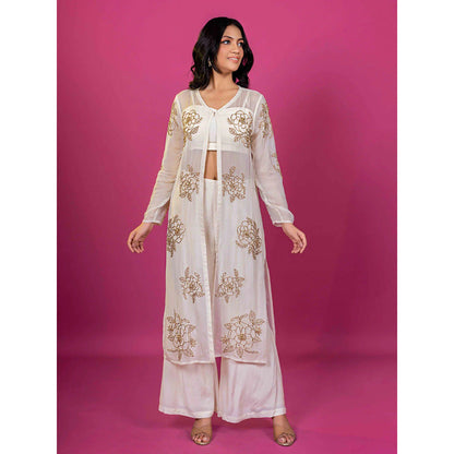 Harleen Kaur Off White Embroidered Crop Top with Palazzo and Jacket