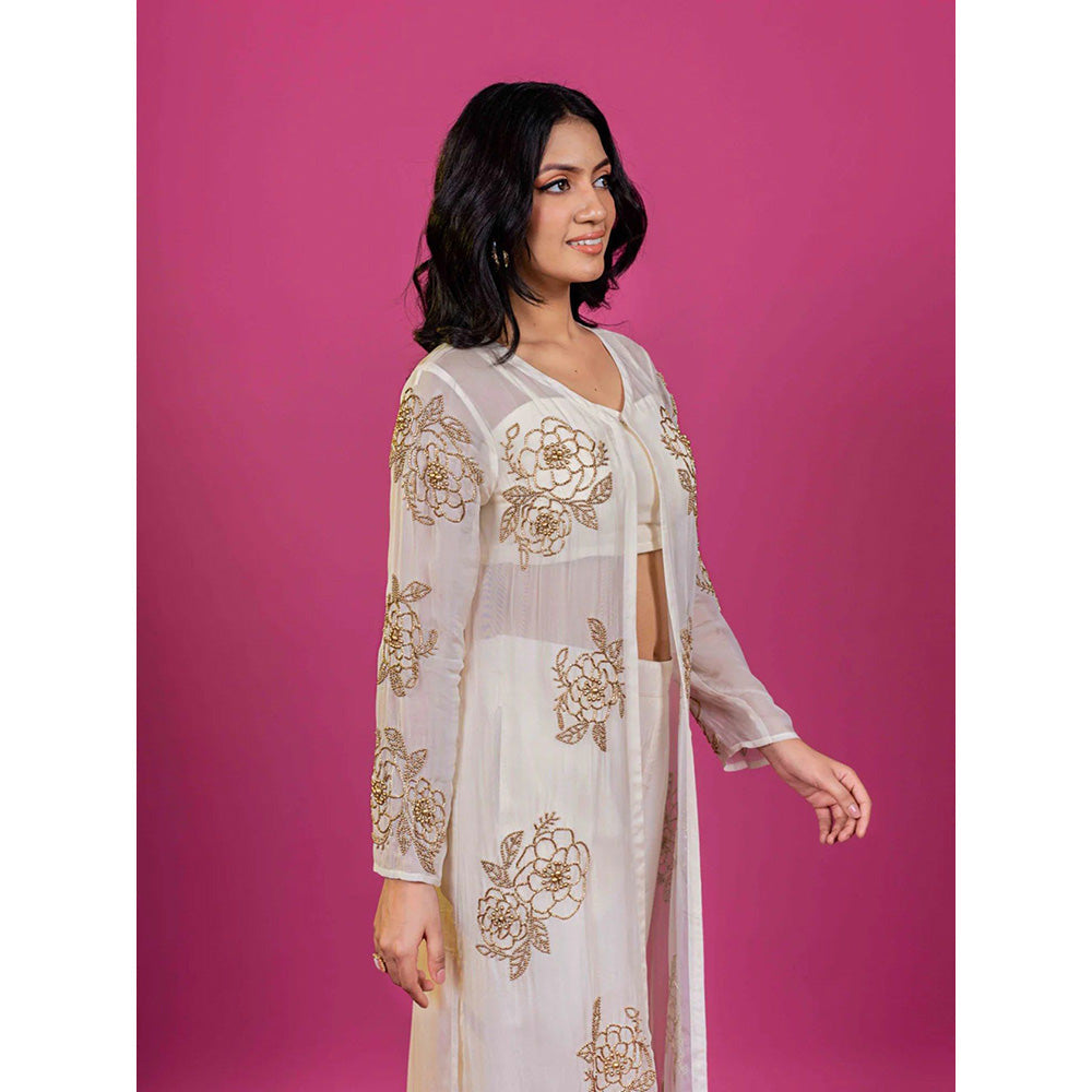 Harleen Kaur Off White Embroidered Crop Top with Palazzo and Jacket