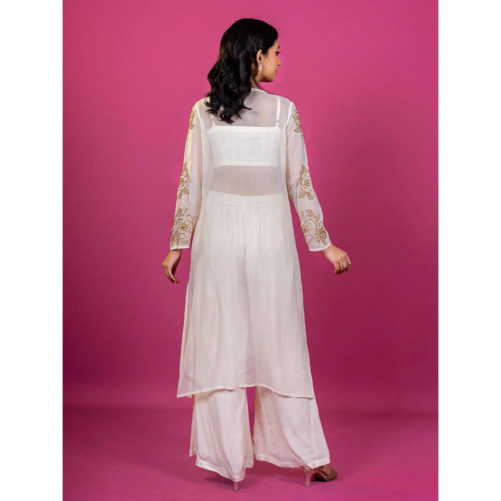 Harleen Kaur Off White Embroidered Crop Top with Palazzo and Jacket