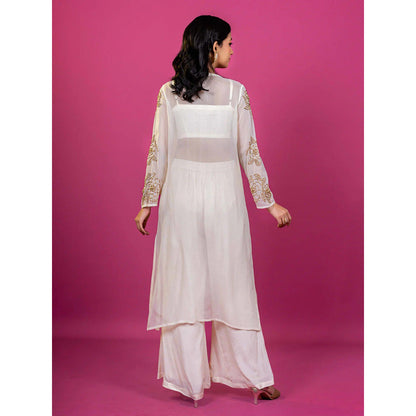 Harleen Kaur Off White Embroidered Crop Top with Palazzo and Jacket