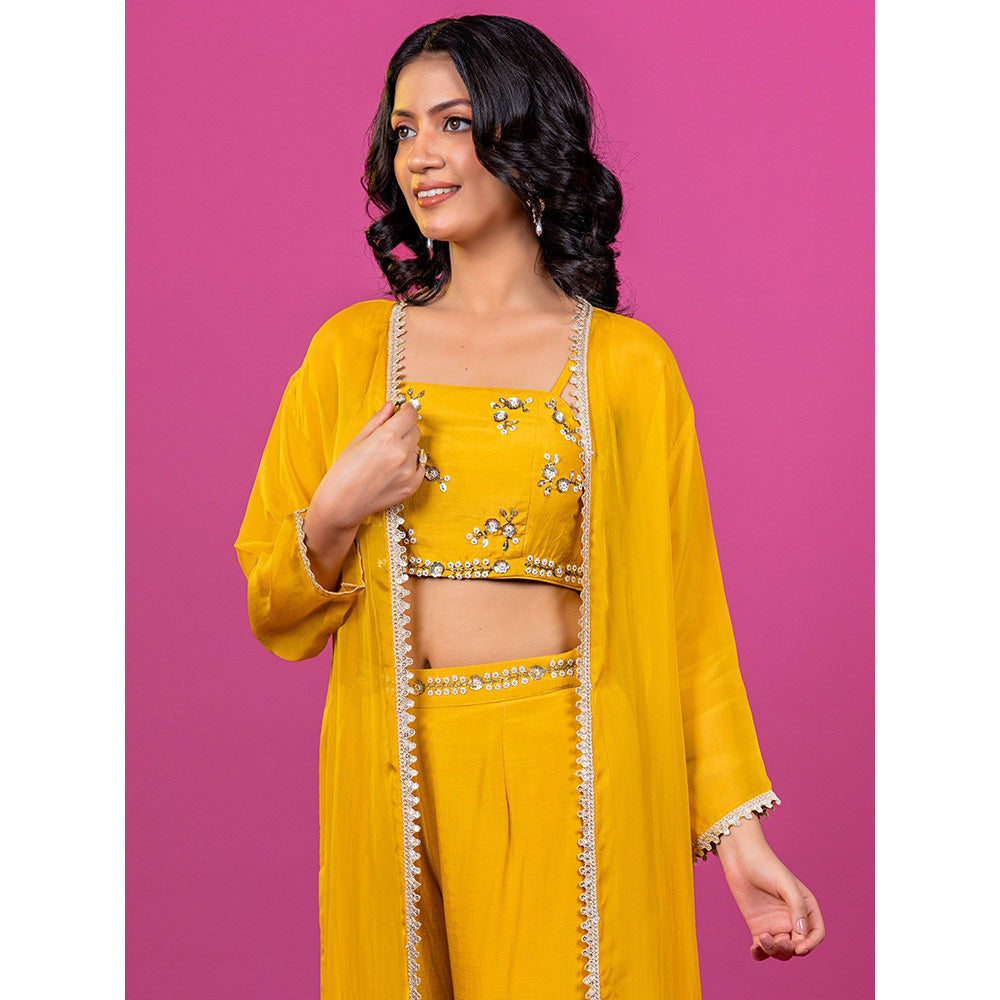Harleen Kaur Yellow Embroidered Crop Top with Palazzo and Jacket