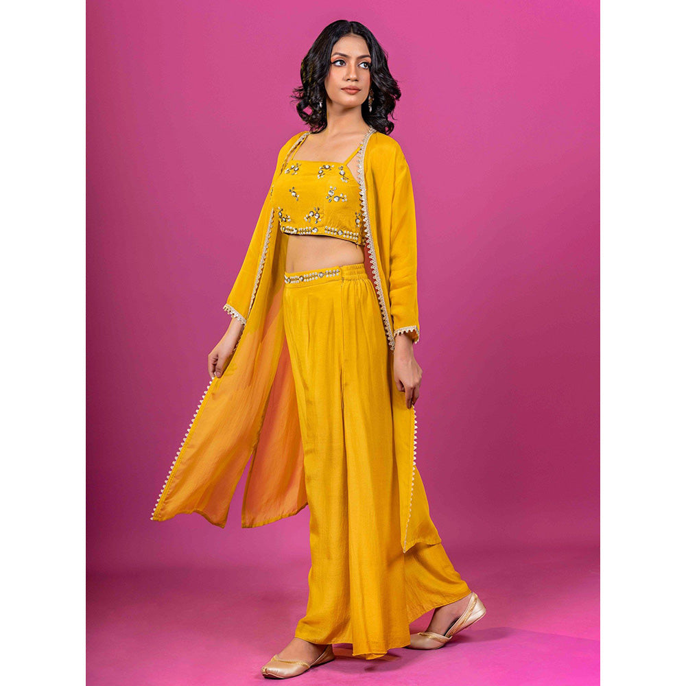 Harleen Kaur Yellow Embroidered Crop Top with Palazzo and Jacket