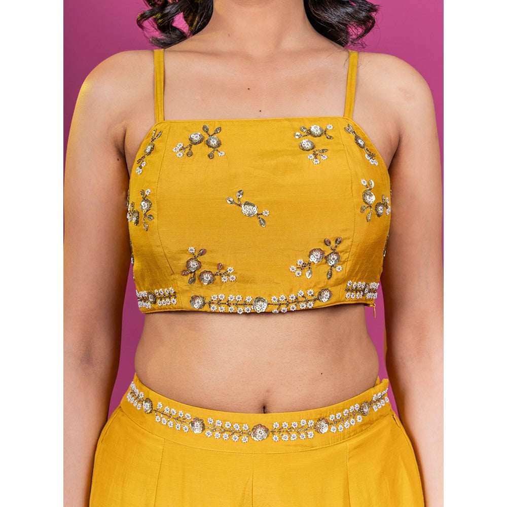 Harleen Kaur Yellow Embroidered Crop Top with Palazzo and Jacket