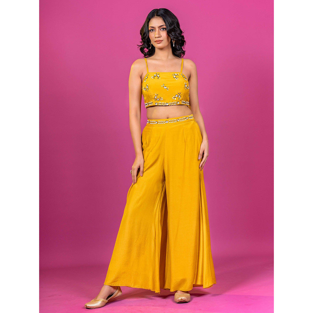 Harleen Kaur Yellow Embroidered Crop Top with Palazzo and Jacket