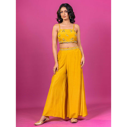 Harleen Kaur Yellow Embroidered Crop Top with Palazzo and Jacket