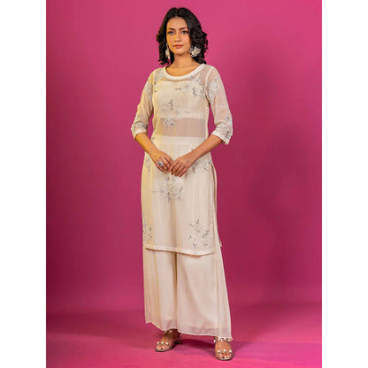 Harleen Kaur Off White Embroidered Kurta with Palazzo and Crop Top