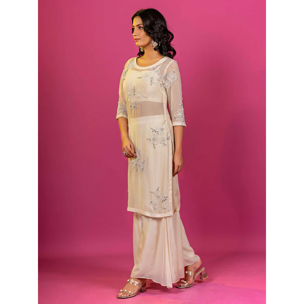Harleen Kaur Off White Embroidered Kurta with Palazzo and Crop Top