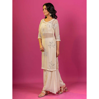 Harleen Kaur Off White Embroidered Kurta with Palazzo and Crop Top