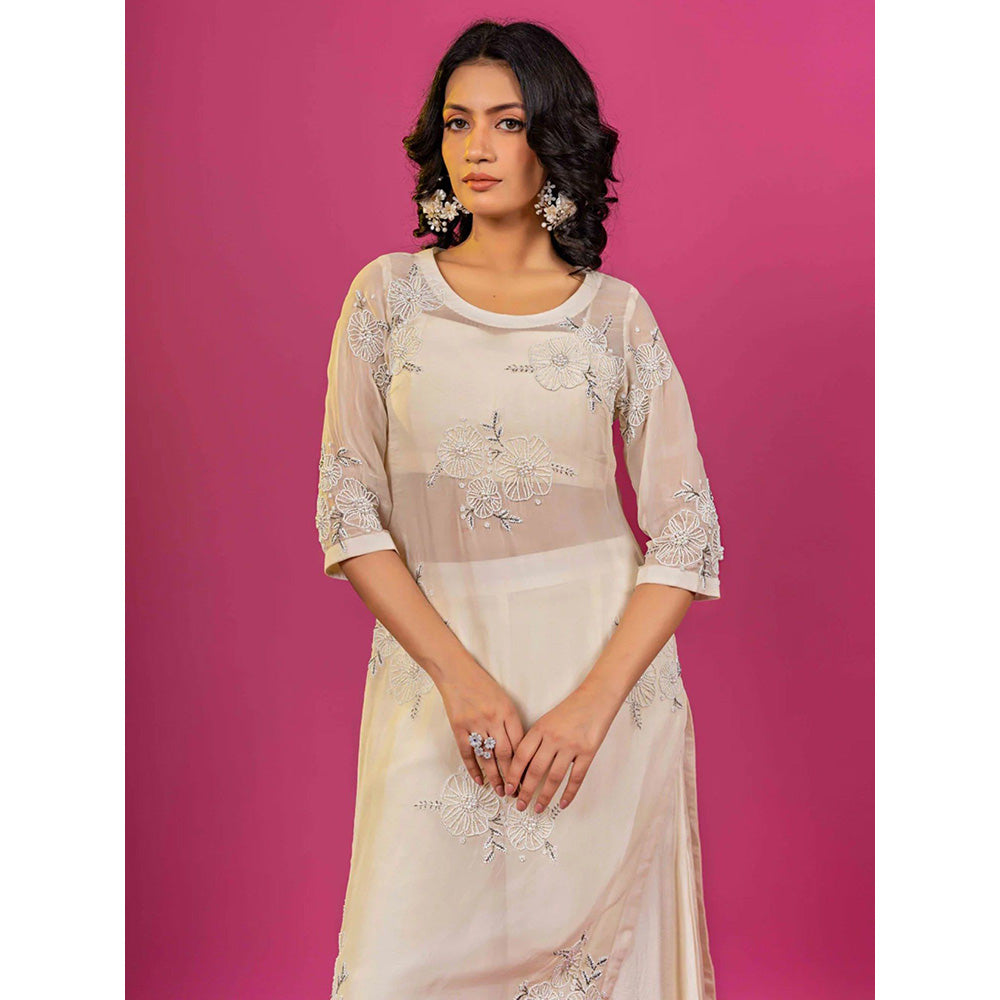 Harleen Kaur Off White Embroidered Kurta with Palazzo and Crop Top