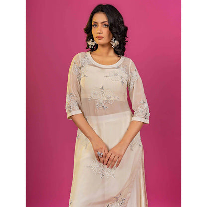 Harleen Kaur Off White Embroidered Kurta with Palazzo and Crop Top