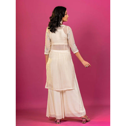 Harleen Kaur Off White Embroidered Kurta with Palazzo and Crop Top