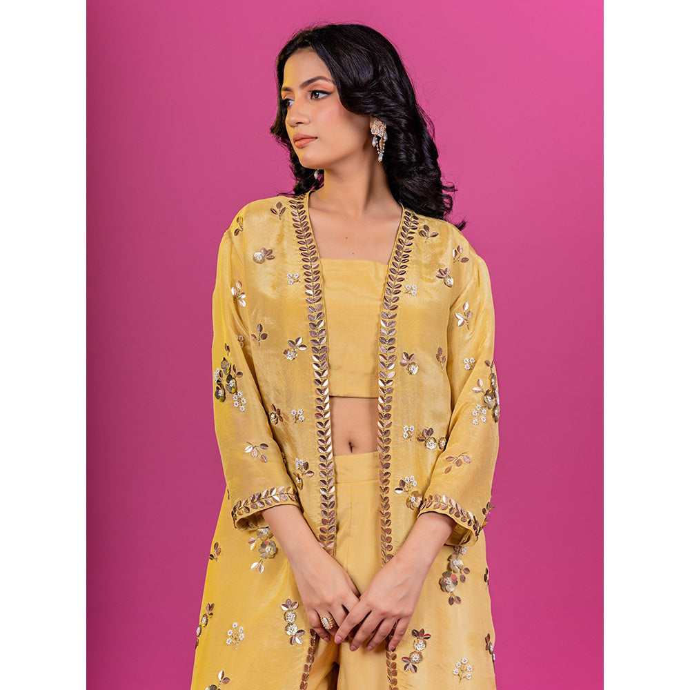 Harleen Kaur Yellow Floral Crop Top with Palazzo and Jacket