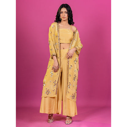 Harleen Kaur Yellow Floral Crop Top with Palazzo and Jacket