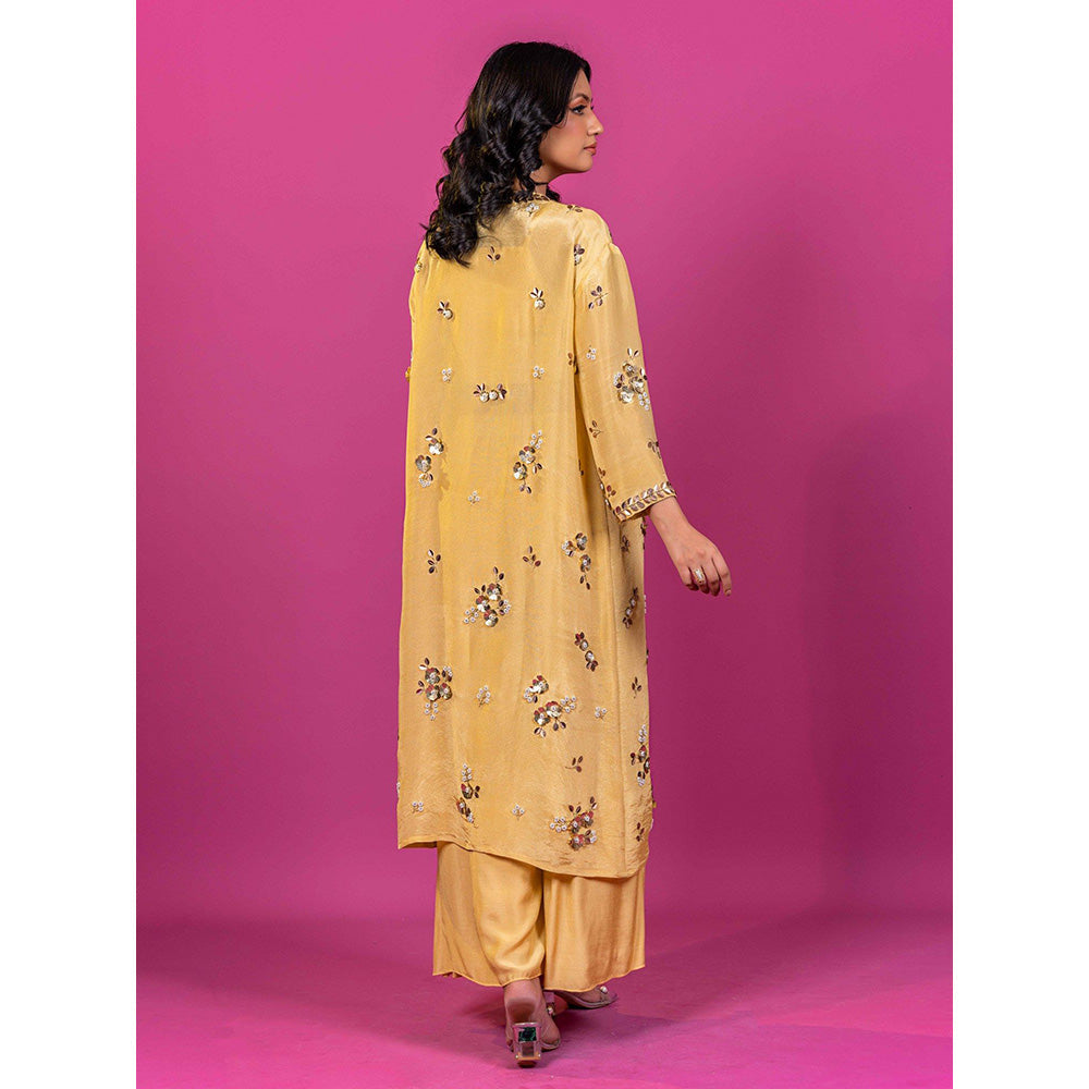 Harleen Kaur Yellow Floral Crop Top with Palazzo and Jacket