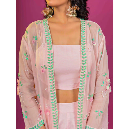 Harleen Kaur Pink Embroidered Crop Top with Palazzo and Jacket