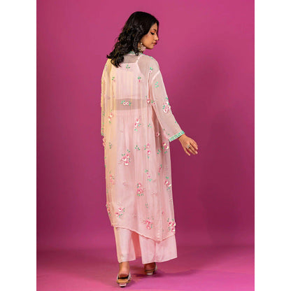 Harleen Kaur Pink Embroidered Crop Top with Palazzo and Jacket