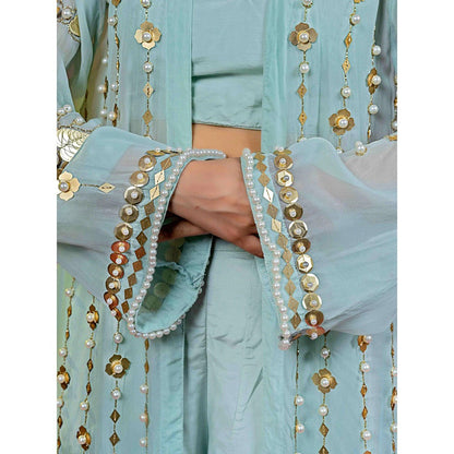 Harleen Kaur Mint Blue Crop Top with Palazzo and Jacket