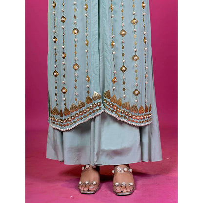 Harleen Kaur Mint Blue Crop Top with Palazzo and Jacket