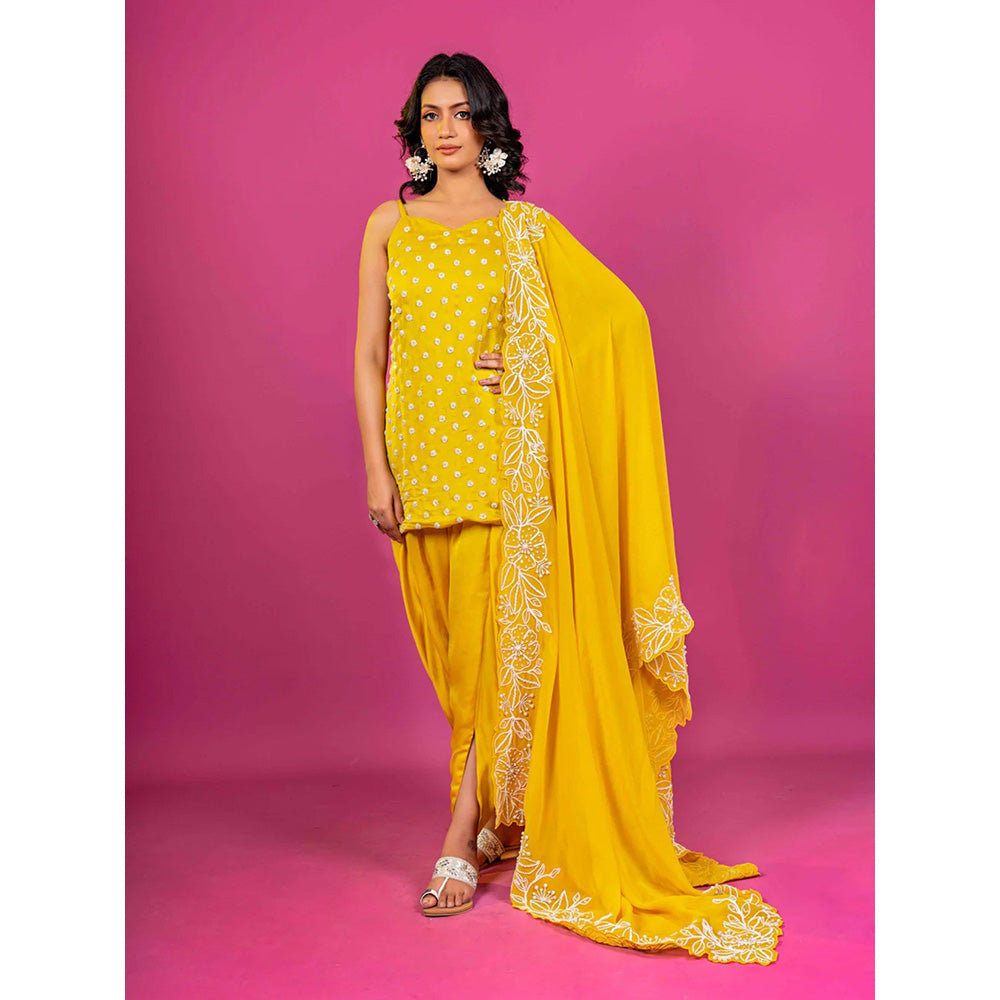 Harleen Kaur Yellow Hand Embroidered Kurti with Dhoti and Dupatta