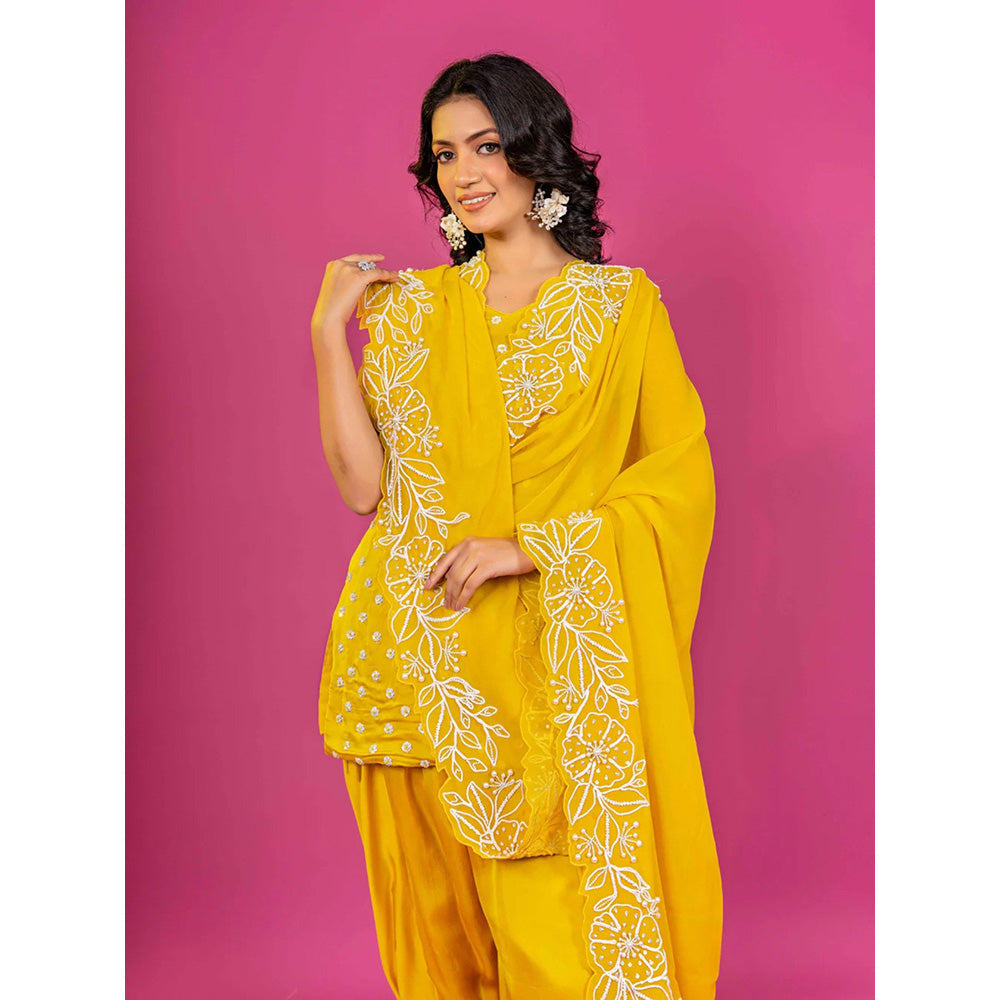Harleen Kaur Yellow Hand Embroidered Kurti with Dhoti and Dupatta