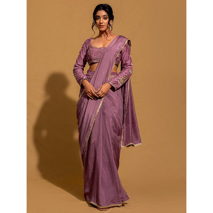 Harleen Kaur Purple Chanderi Pre-Draped Saree with Stitched Blouse