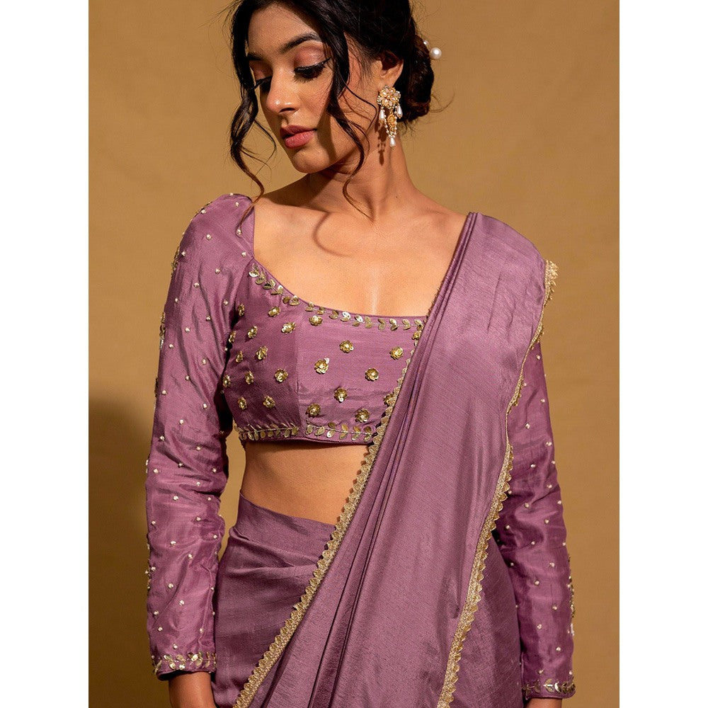 Harleen Kaur Purple Chanderi Pre-Draped Saree with Stitched Blouse
