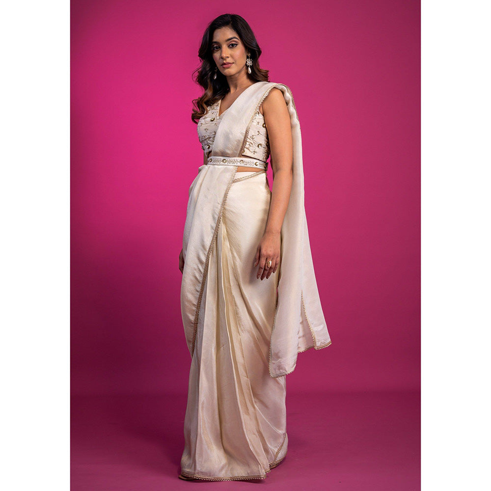Harleen Kaur Off White Tissue Pre-Draped Saree with Stitched Blouse and Belt