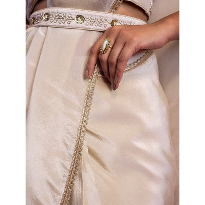 Harleen Kaur Off White Tissue Pre-Draped Saree with Stitched Blouse and Belt