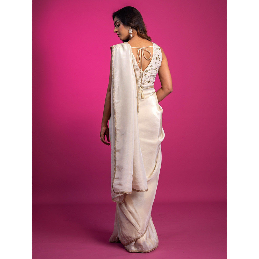Harleen Kaur Off White Tissue Pre-Draped Saree with Stitched Blouse and Belt