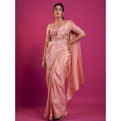 Harleen Kaur Pink Tissue Pre-Draped Saree with Stitched Blouse and Belt