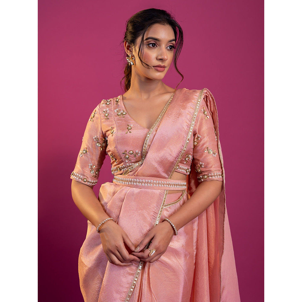 Harleen Kaur Pink Tissue Pre-Draped Saree with Stitched Blouse and Belt