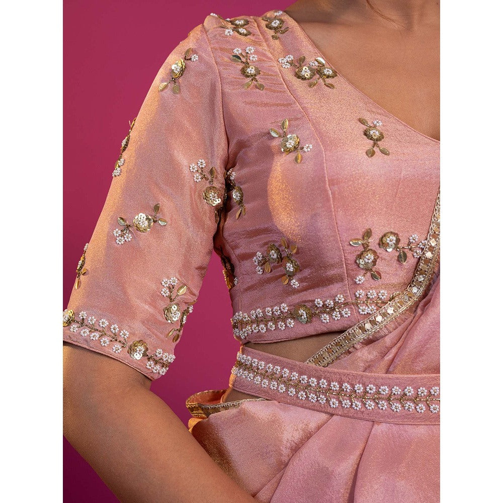 Harleen Kaur Pink Tissue Pre-Draped Saree with Stitched Blouse and Belt
