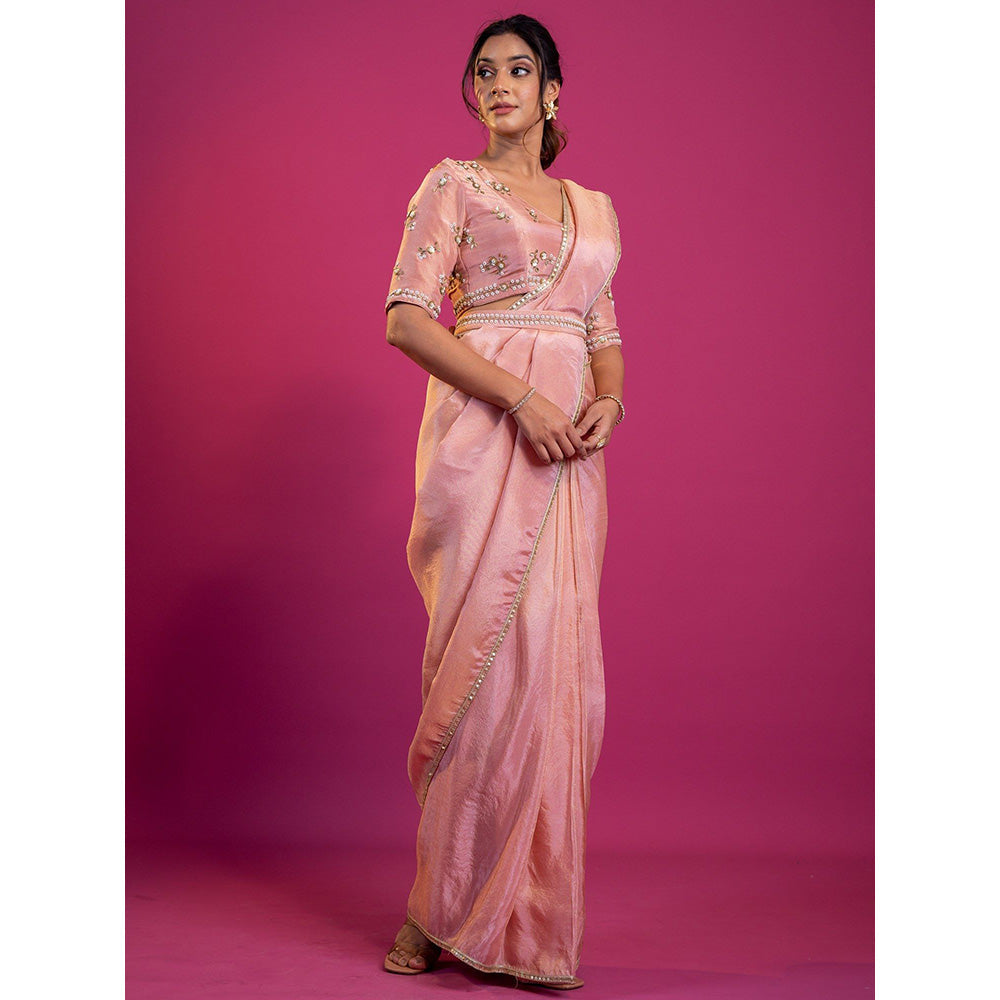 Harleen Kaur Pink Tissue Pre-Draped Saree with Stitched Blouse and Belt