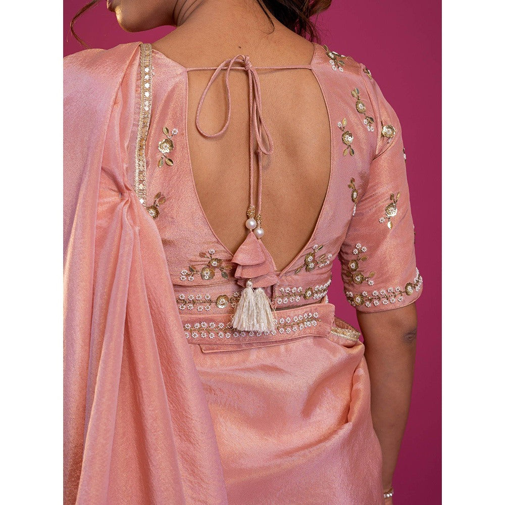 Harleen Kaur Pink Tissue Pre-Draped Saree with Stitched Blouse and Belt