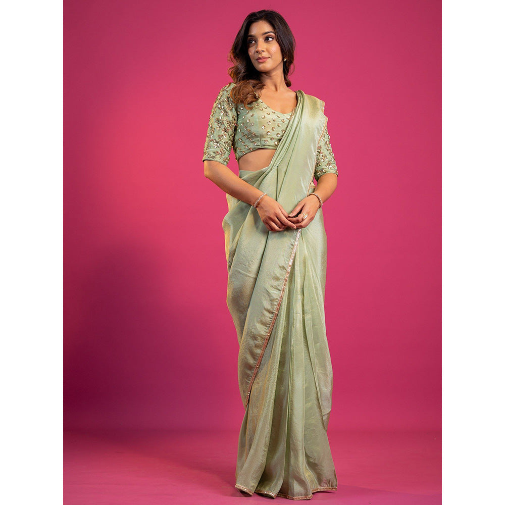Harleen Kaur Green Tissue Pre-Draped Saree with Stitched Blouse