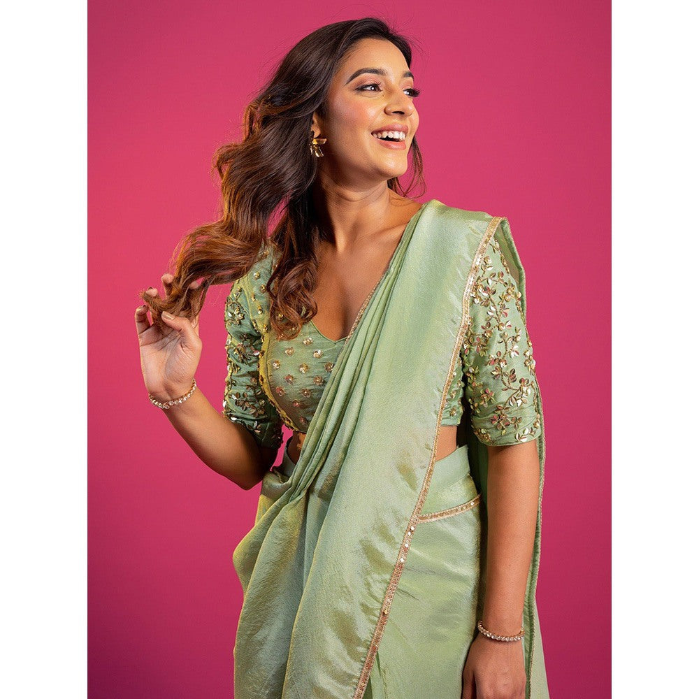 Harleen Kaur Green Tissue Pre-Draped Saree with Stitched Blouse