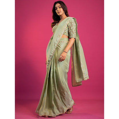 Harleen Kaur Green Tissue Pre-Draped Saree with Stitched Blouse