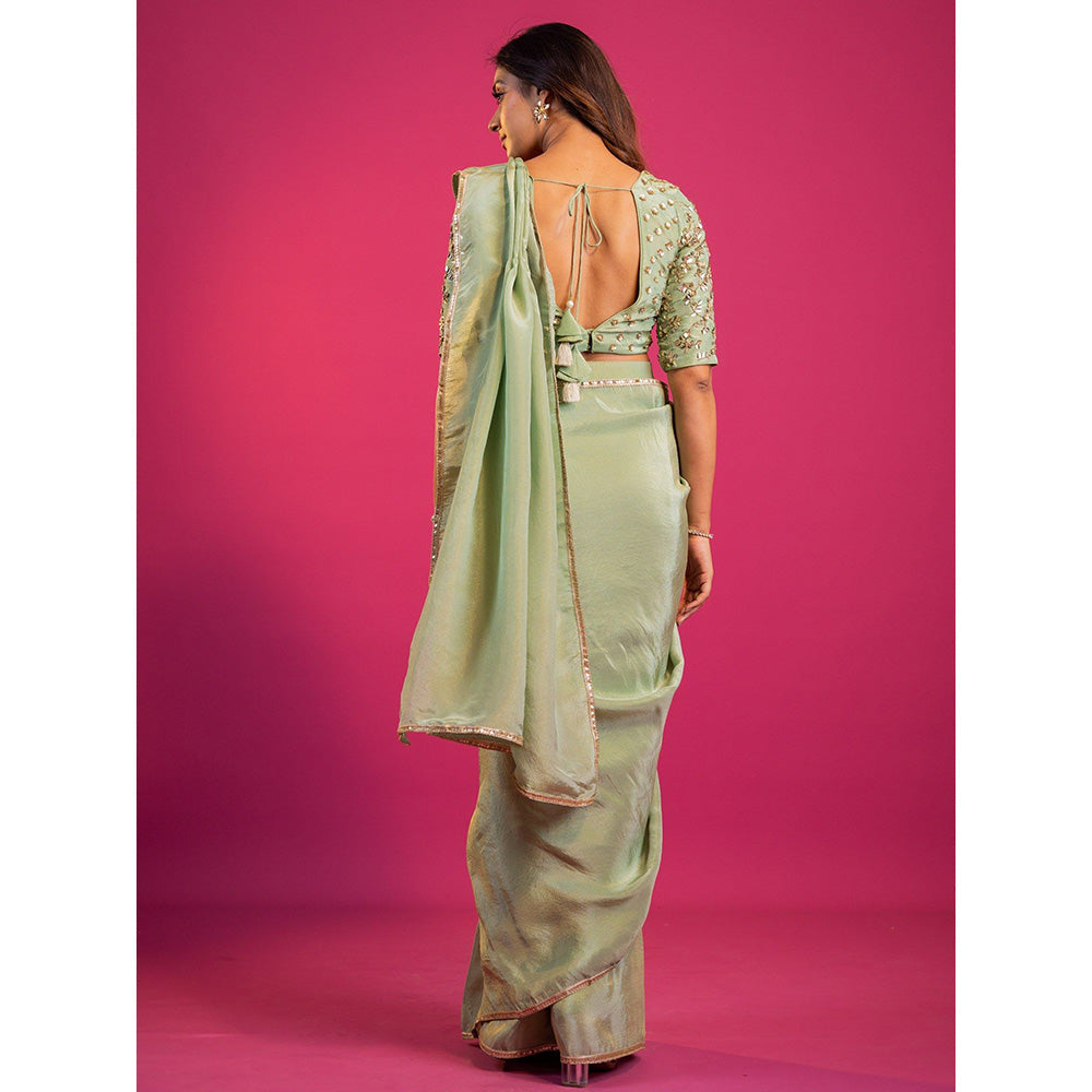 Harleen Kaur Green Tissue Pre-Draped Saree with Stitched Blouse