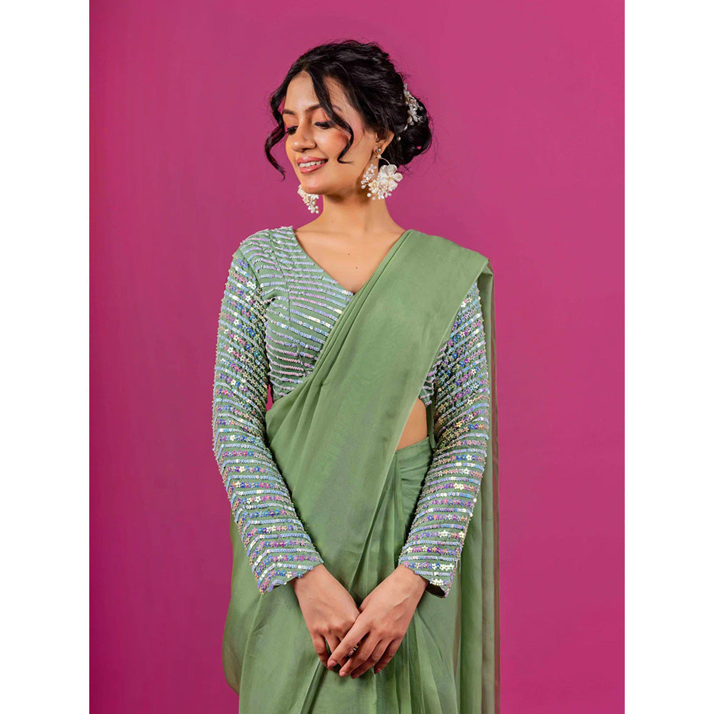 Harleen Kaur Green Pre-Draped Saree with Stitched Blouse