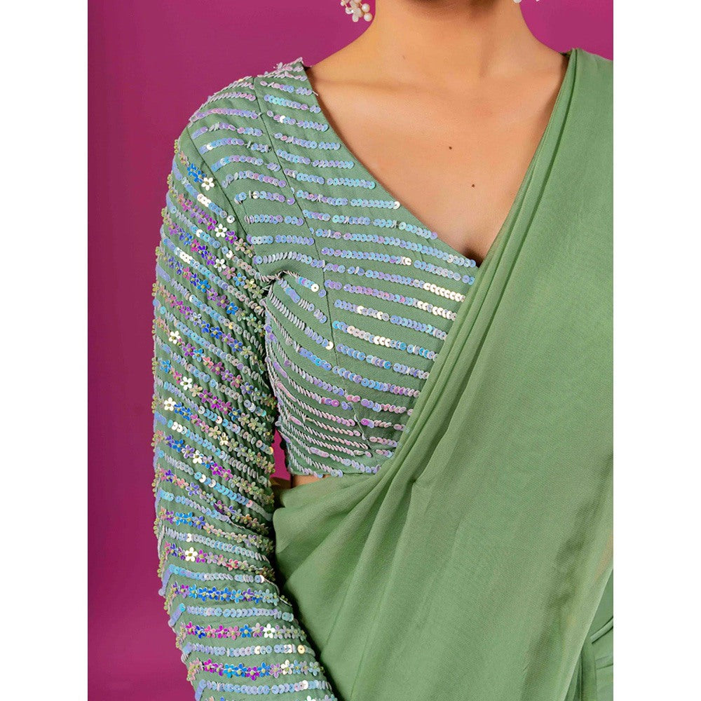 Harleen Kaur Green Pre-Draped Saree with Stitched Blouse