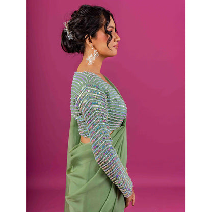 Harleen Kaur Green Pre-Draped Saree with Stitched Blouse