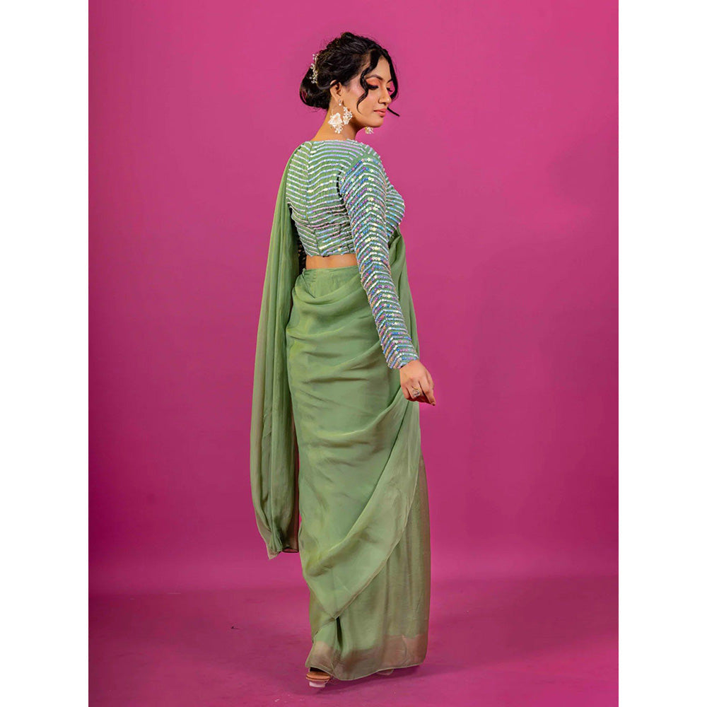 Harleen Kaur Green Pre-Draped Saree with Stitched Blouse
