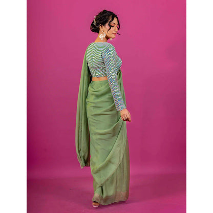 Harleen Kaur Green Pre-Draped Saree with Stitched Blouse